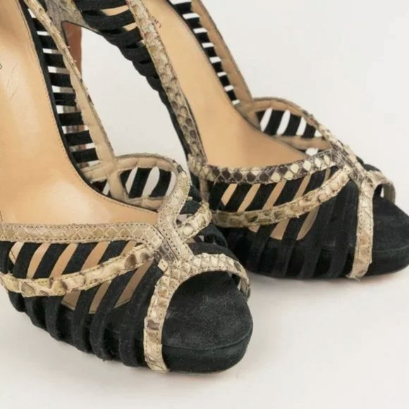 Alexandre Birman Betty Black Suede and Natural Python Peep-Toe Platform Pumps - Picture 5 of 7